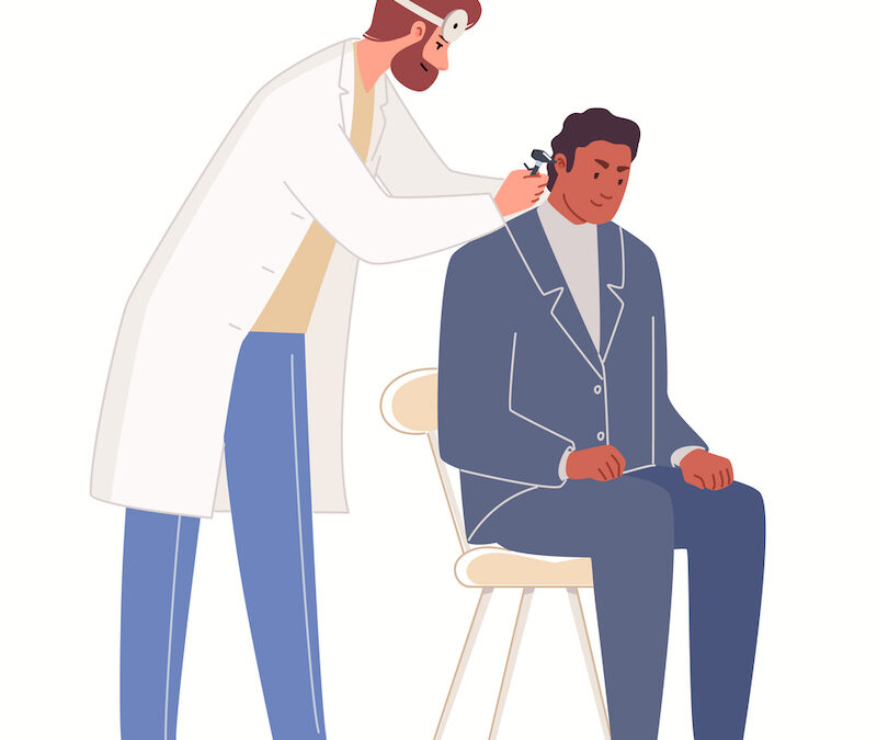 An illustration of a hearing care provider conducting the examination of their patient's ear, using an otoscope.