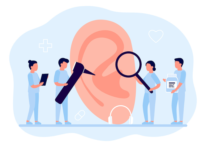 An illustration featuring hearing loss professionals examining a large ear to determine its health.