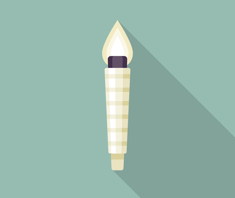 A graphic rendering of a lit ear candle sits on a teal background and casts a shadow to its right.