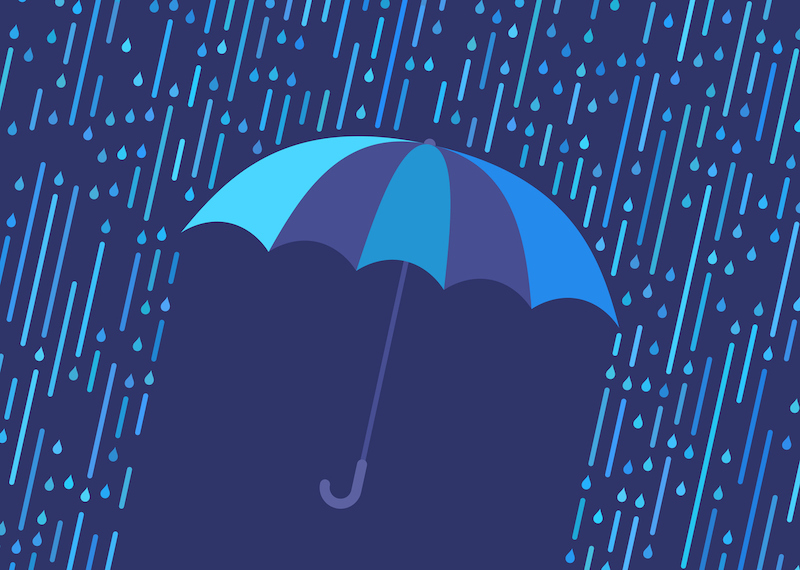 A digital illustration of a blue umbrella blocking a downpouring of rain.
