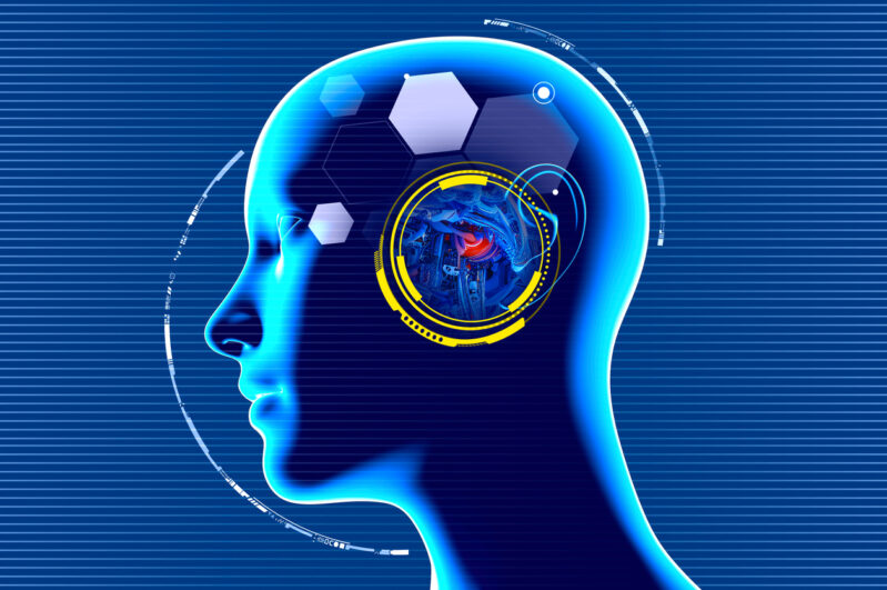 A futuristic digital illustration of a human head with a technological interface overlay, symbolizing the integration of artificial intelligence in modern hearing aids. The glowing blue and yellow accents highlight the advancements in AI-powered sound processing.