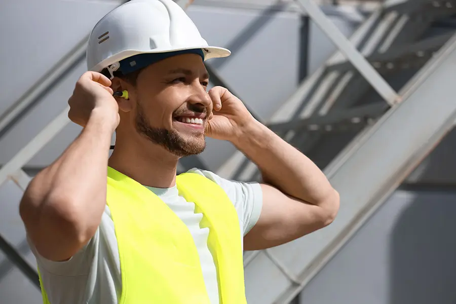 A smiling construction worker wearing a white hard hat and yellow safety vest inserts yellow earplugs. Metal structures and an industrial background are visible behind him.